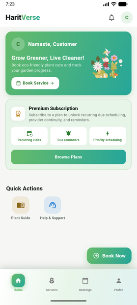 The HaritVerse app home screen, showing booking and subscription options