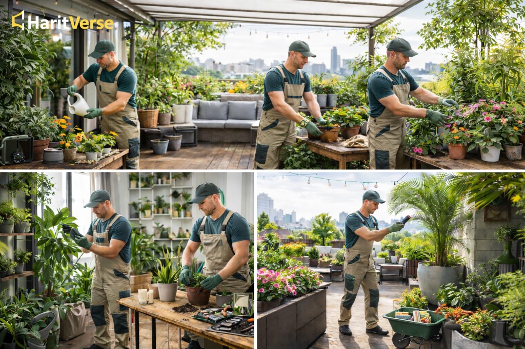 Plant care expert tending to indoor plants in a Bangalore home